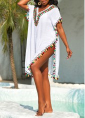 White swimwear,Plain Color swimwear,Patchwork Weave Tassel White Cover Up