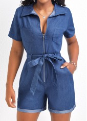 Denim Blue jumpsuits & rompers,Plain Color jumpsuits & rompers,Pocket Denim Blue Belted Short Regular Romper