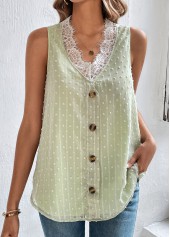 Patchwork Light Green V Neck Lace Tank Top