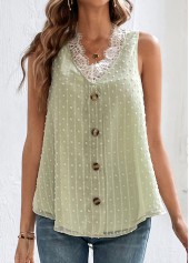 Light Green tops,Plain Color tops,Patchwork Light Green V Neck Lace Tank Top
