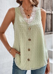 Light Green tops,Plain Color tops,Patchwork Light Green V Neck Lace Tank Top