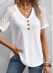 White tops,Plain Color tops,ROTITA Patchwork White V Neck Short Sleeve T Shirt