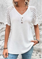 White tops,Plain Color tops,ROTITA Patchwork White V Neck Short Sleeve T Shirt