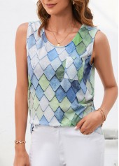 Multi Color tops,Plaid tops,Geometric tops,Pocket Argyle Print Multi Color Tank Top
