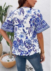 Royal Blue tops,Floral tops,Plants tops,Button Floral Print Royal Blue T Shirt