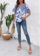 Royal Blue tops,Floral tops,Plants tops,Button Floral Print Royal Blue T Shirt