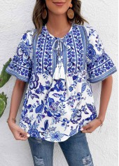 Royal Blue tops,Floral tops,Plants tops,Button Floral Print Royal Blue T Shirt