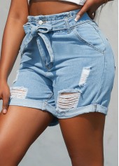 Denim Blue bottoms,Plain Color bottoms,Belted Hole Regular Zipper Fly Denim Shorts