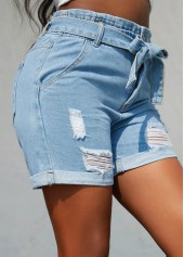 Denim Blue bottoms,Plain Color bottoms,Belted Hole Regular Zipper Fly Denim Shorts