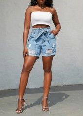 Denim Blue bottoms,Plain Color bottoms,Belted Hole Regular Zipper Fly Denim Shorts
