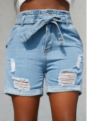 Denim Blue bottoms,Plain Color bottoms,Belted Hole Regular Zipper Fly Denim Shorts