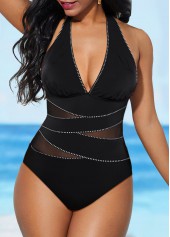 ROTITA Halter Mesh Black One Piece Swimwear