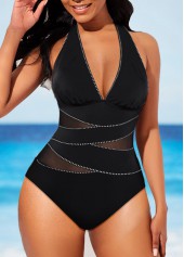 Black swimwear,Plain Color swimwear,ROTITA Halter Mesh Black One Piece Swimwear