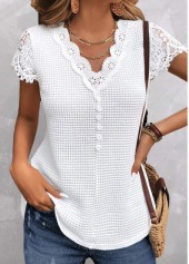 White tops,Plain Color tops,ROTITA Lace White V Neck Short Sleeve T Shirt