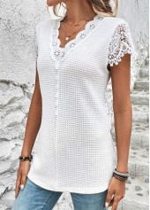 White tops,Plain Color tops,ROTITA Lace White V Neck Short Sleeve T Shirt
