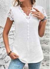 White tops,Plain Color tops,ROTITA Lace White V Neck Short Sleeve T Shirt