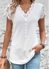 White tops,Plain Color tops,ROTITA Lace White V Neck Short Sleeve T Shirt