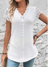 White tops,Plain Color tops,ROTITA Lace White V Neck Short Sleeve T Shirt