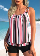 Light Pink swimwear,Striped swimwear,ROTITA Ruched Light Pink Striped Tankini Top