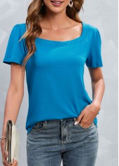 Blue tops,Plain Color tops,Blue Square Neck Short Sleeve T Shirt