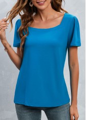 Blue tops,Plain Color tops,Blue Square Neck Short Sleeve T Shirt