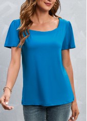 Blue tops,Plain Color tops,Blue Square Neck Short Sleeve T Shirt