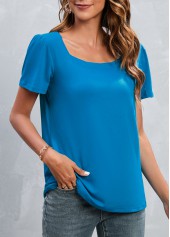 Blue tops,Plain Color tops,Blue Square Neck Short Sleeve T Shirt