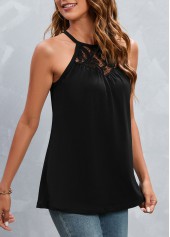 Black tops,Plain Color tops,Patchwork Black Round Neck Camisole Top