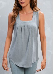 Grey tops,Plain Color tops,Pleated Grey Square Neck Tank Top