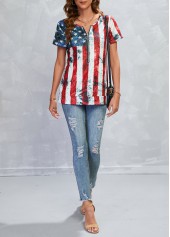 Multi Color tops,Flag tops,Striped tops,Zipper American Flag Print Multi Color T Shirt