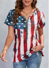 Multi Color tops,Flag tops,Striped tops,Zipper American Flag Print Multi Color T Shirt