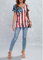 Multi Color tops,Flag tops,Striped tops,Zipper American Flag Print Multi Color T Shirt