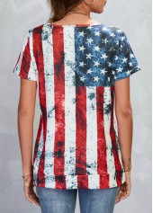 Multi Color tops,Flag tops,Striped tops,Zipper American Flag Print Multi Color T Shirt