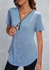 Zipper Dusty Blue V Neck T Shirt
