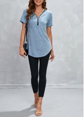 Dusty Blue tops,Plain Color tops,Zipper Dusty Blue V Neck T Shirt