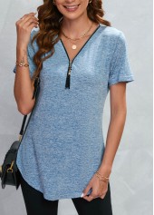 Dusty Blue tops,Plain Color tops,Zipper Dusty Blue V Neck T Shirt