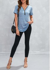 Dusty Blue tops,Plain Color tops,Zipper Dusty Blue V Neck T Shirt