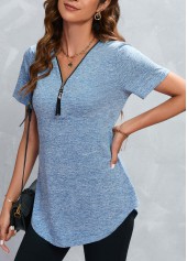 Dusty Blue tops,Plain Color tops,Zipper Dusty Blue V Neck T Shirt