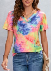 Multi Color tops,Ombre tops,Ombre Multi Color V Neck T Shirt