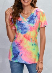 Multi Color tops,Ombre tops,Ombre Multi Color V Neck T Shirt