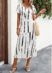 White dresses,Striped dresses,Split Striped White A Line V Neck Dress