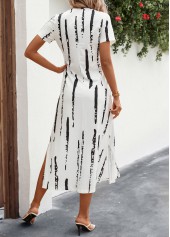 White dresses,Striped dresses,Split Striped White A Line V Neck Dress