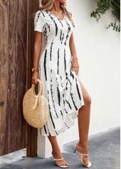 White dresses,Striped dresses,Split Striped White A Line V Neck Dress