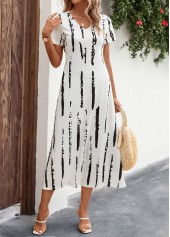 White dresses,Striped dresses,Split Striped White A Line V Neck Dress