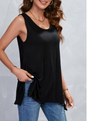 Black tops,Plain Color tops,Handkerchief Hem Black Scoop Neck Tank Top