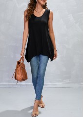 Black tops,Plain Color tops,Handkerchief Hem Black Scoop Neck Tank Top