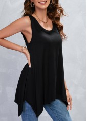 Black tops,Plain Color tops,Handkerchief Hem Black Scoop Neck Tank Top