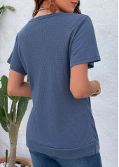 Dusty Blue tops,Plain Color tops,Button Dusty Blue V Neck T Shirt
