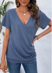 Dusty Blue tops,Plain Color tops,Button Dusty Blue V Neck T Shirt