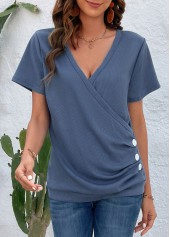 Button Dusty Blue V Neck T Shirt